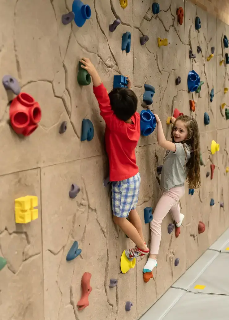 Two students climbing rock wall